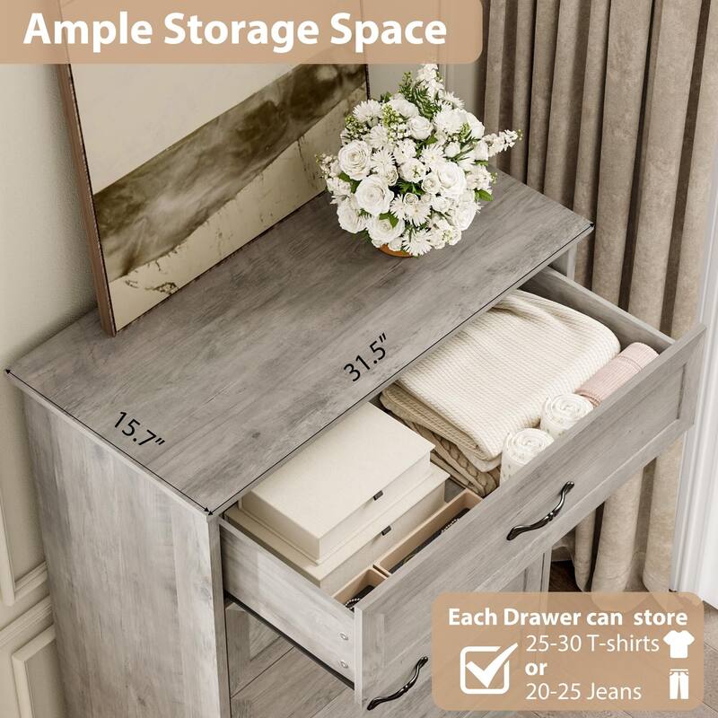 5/6 Drawers Dresser for Bedroom,Chest of Drawers with Wide Metal Handle,Farmhouse Modern Wooden Dresser