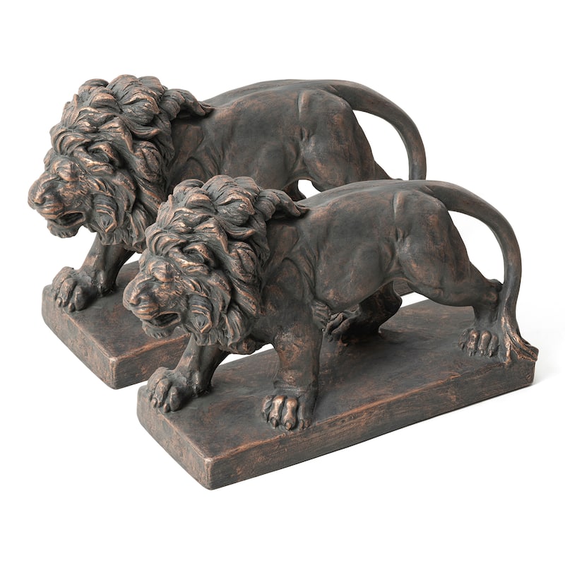 Glitzhome Set of 2 MgO Majestic Walking & Lying Guardian Lion Statues Porch Sculpture Indoor Outdoor