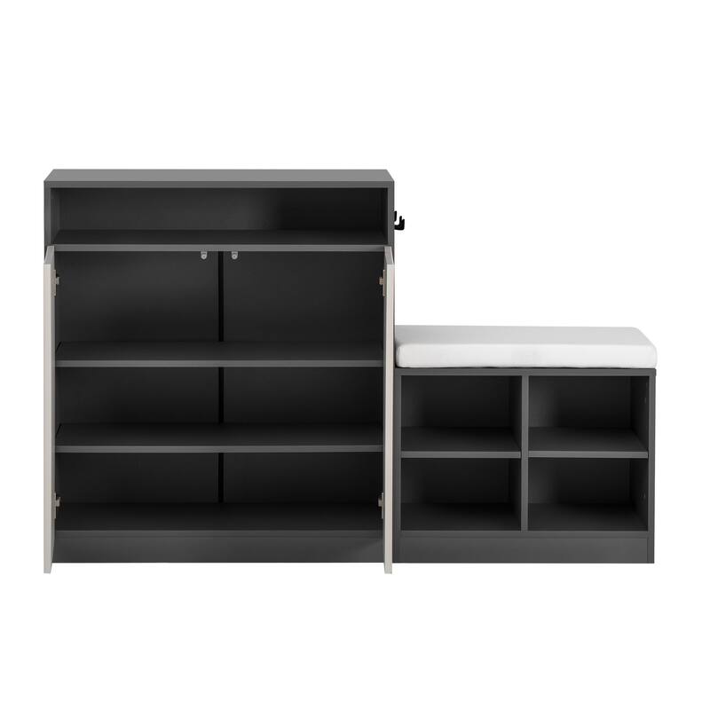 Storage Cabinet w/ Shoe Bench, 3-Tier Adjustable Shelves, 4 Open Shoe Racks & Removeble Cushion
