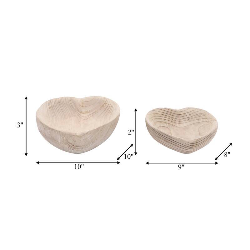 Sagebrook Home Handcrafted Paulownia Wood Decorative Bowls, Heart-Shaped Nesting Design, Set of 2 - 10" x 10" x 3"