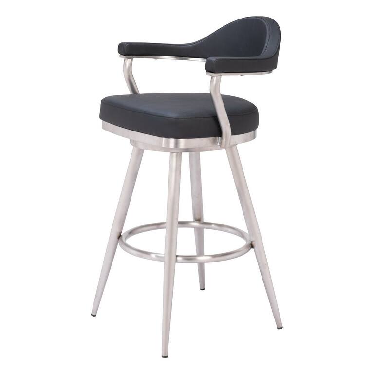 30" Black And Silver Faux Leather And Stainless Steel Bar Height Swivel Bar Chair