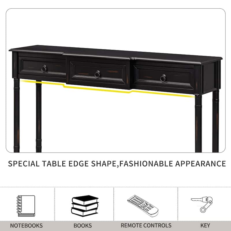 Pine Veneer Long Entryway Table, Console Table Sofa Table with 3 Storage Drawers & Open Storage Shelf, Tapered Table Legs