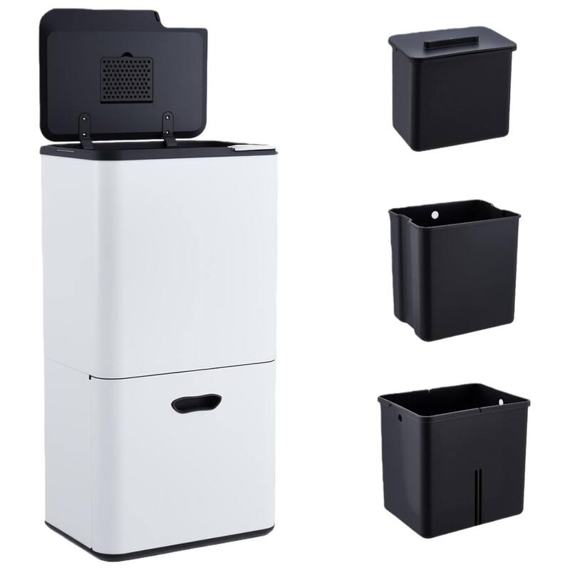 16-Gallon Dual Compartment Stainless Steel Trash and Recycle Bin with Odor Filter and Removable Buckets Silver - White