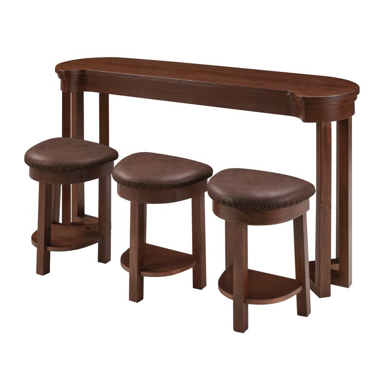4 Piece Bar Table Set with 3 PU Upholstered Bar Stools, Breakfast Table with 3 Padded Stools Solid Wood Counter Height