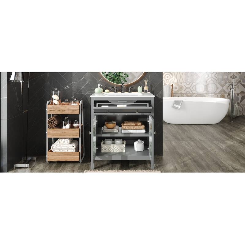 Bathroom Vanity with Ceramic Sink, Bathroom Cabinet with Tip-Out Tray, 2 Textured Glass Doors & Adjustable Shelf