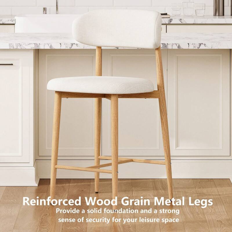 Set of 2 Beige Counter Height Bar Stools, Modern Upholstered Counter Stools with Metal Legs for Kitchen Island Dining Room