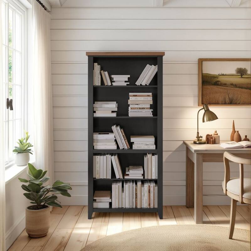 Bridgevine Home Modern Farmhouse 72 inch high 5-shelf Bookcase, No Assembly Required, Two-Tone Finish