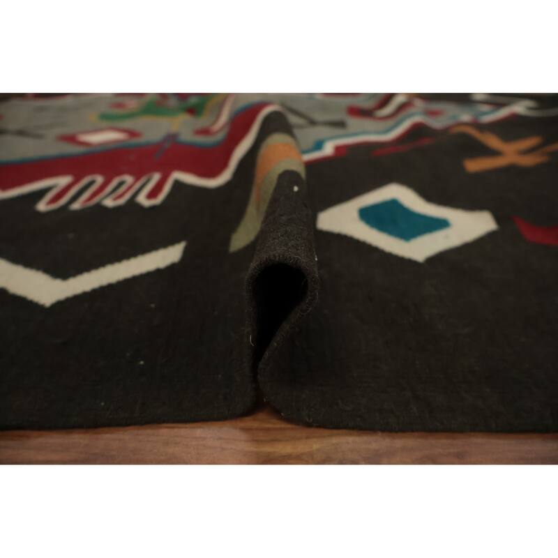 Hand Woven Oriental 100% Wool Carpet Southwestern Modern Black Kilim Area Rug - 9' 11'' X 6' 9''