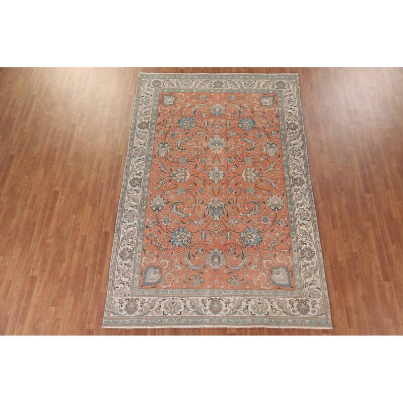 Hand Knotted Oriental 100% Wool Carpet Traditional All-Over Oranges & Rust Tabriz Area Rug - 10' 11'' X 7' 1''