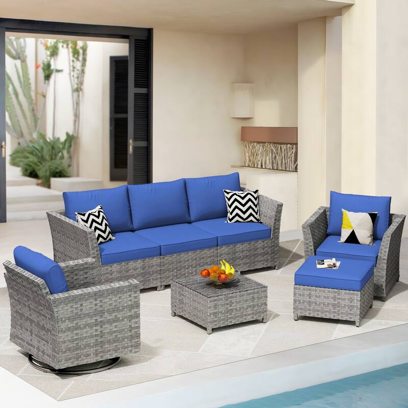 HOOOWOOO 7-piece PE Wicker Outdoor Furniture Sectional Set with Swivel Rocking Chair - Navy Blue