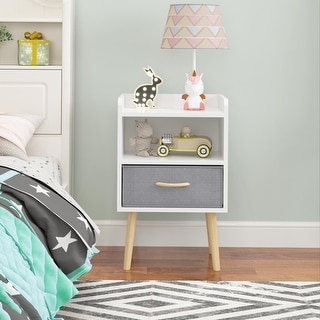 Kids Wood Side Table Nightstand With Fabric Drawer and 2-Tier Shelf