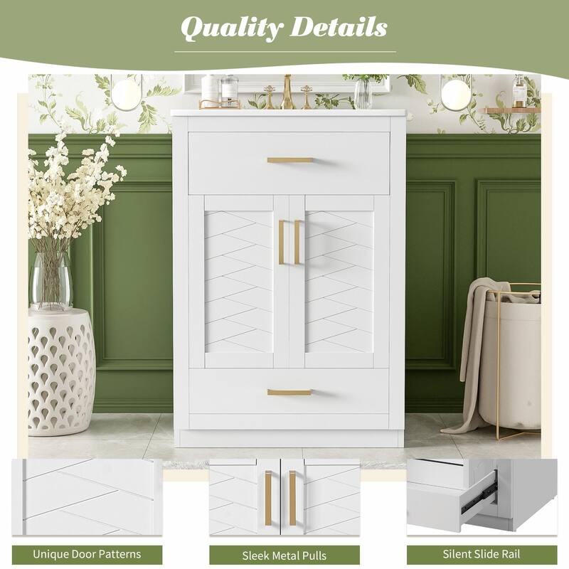 24" Bathroom Vanity with Integrated Ceramic Sink, Cabinet with 2 Doors, 1 Tip-out Drawer