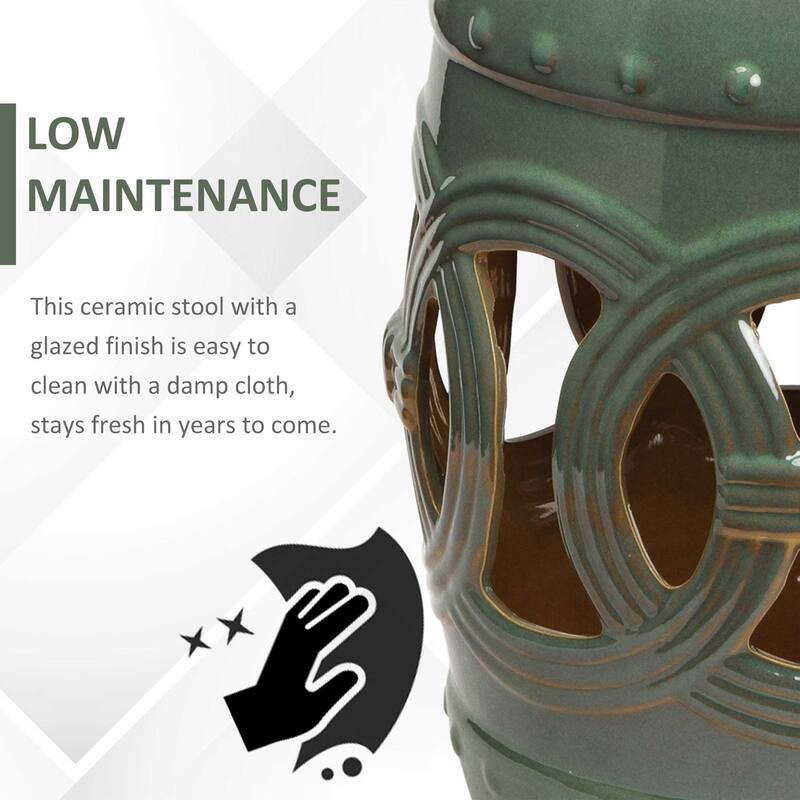 Outsunny 14" x 17" Ceramic Side Table Garden Stool with Knotted Ring Design & Glazed Strong Materials, Green