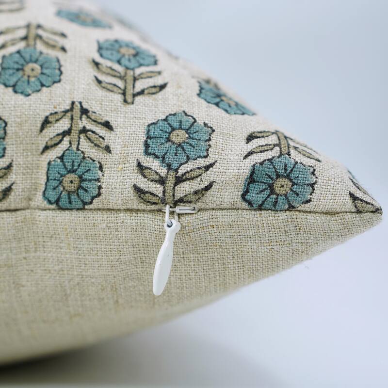 Fabdivine Blue Home Accent Pillow Cover with Floral Block Print for Farmhouse Fall or Dining Décor Linen 26x26 Inch, Tulsi Buti