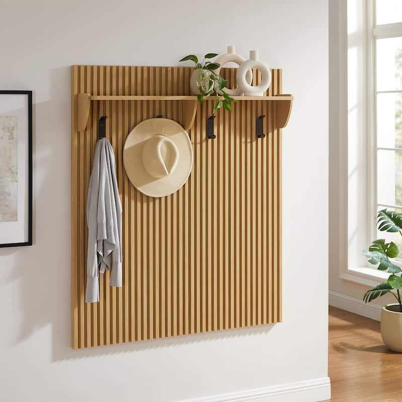 Render Fluted Coat Rack Panel With Shelf - Light Oak