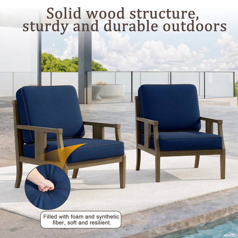 Set of 2 Outdoor Teak Wood Armchairs with Cushions, Patio Club Chairs