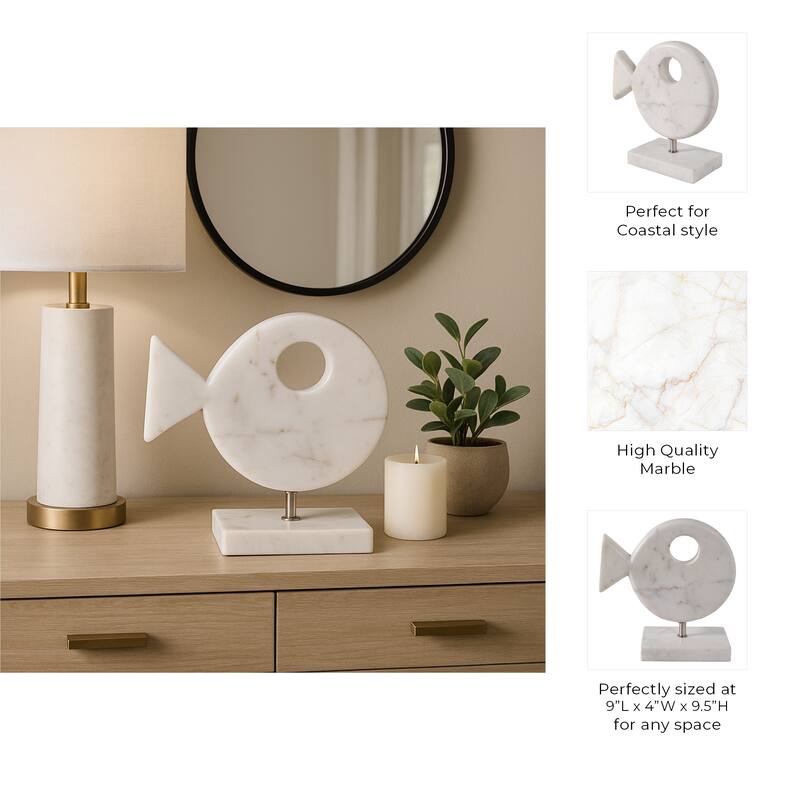 Stylish Marble Fish Figurine Sculpture - 10", White - 9.5"