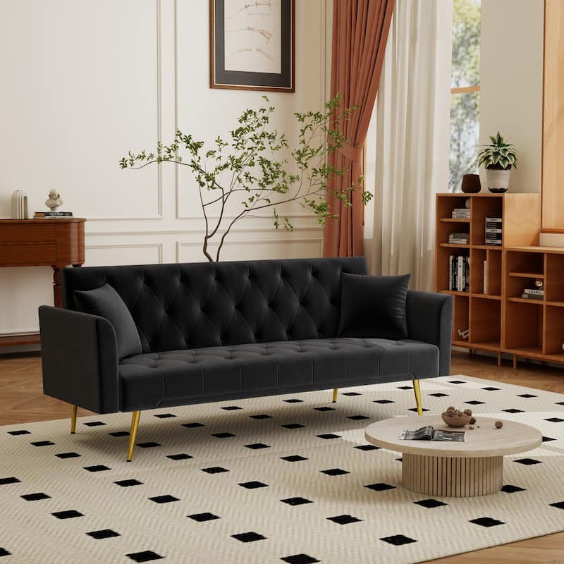 72" Modern Convertible Velvet Tufted Sofa with 2 Pillows - Black