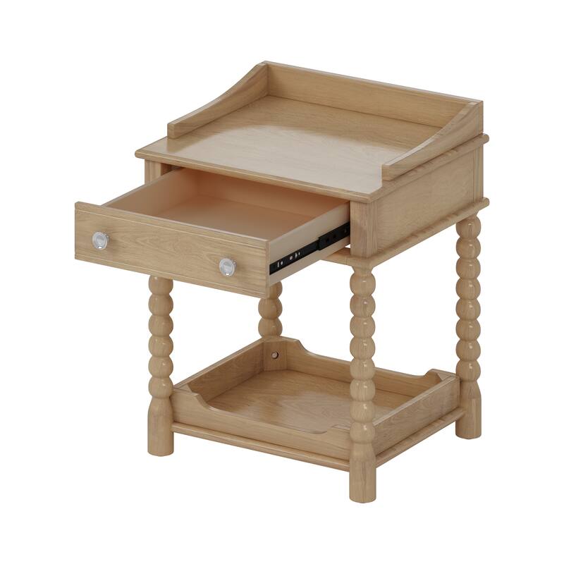 Natural Retro Nightstand with Drawer and Open Shelf, Turned Legs and Metal Handle, Bedside Table for Bedroom