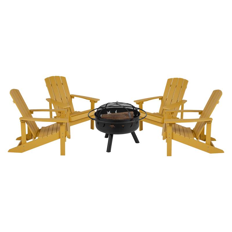 Star and Moon Fire Pit with Mesh Cover & 4 Poly Resin Adirondack Chairs