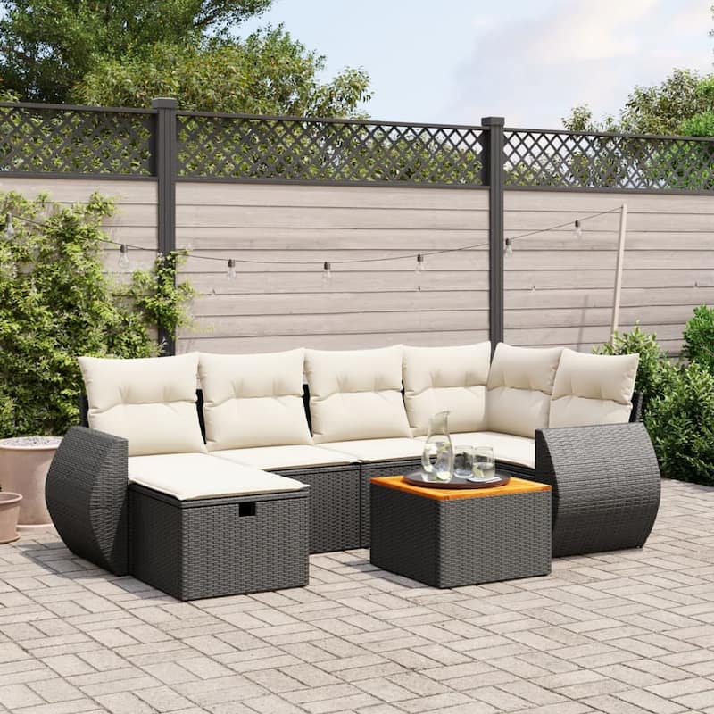 vidaXL Patio Sofa Set with Cushions Outdoor Furniture 7 Piece Poly Rattan - Black and cream without storage - 27.2 x 95.3 x 52.0 in