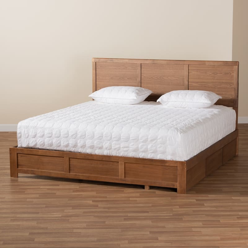 King Size Storage Bed - Ash Walnut Wood Platform Bed with 3 Drawers - Modern Bedroom Furniture