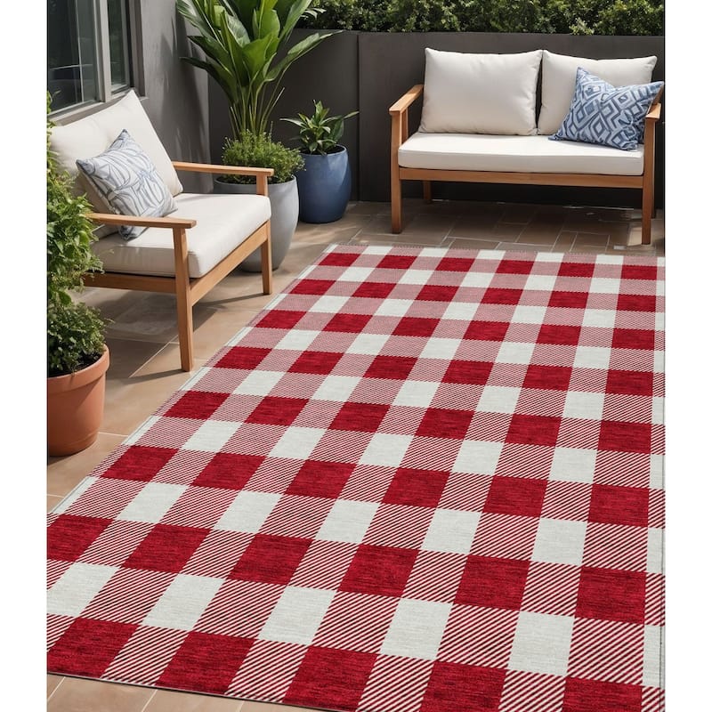 HomeRoots Plaid Transitional Rectangle Outdoor Rug - 5' X 8'