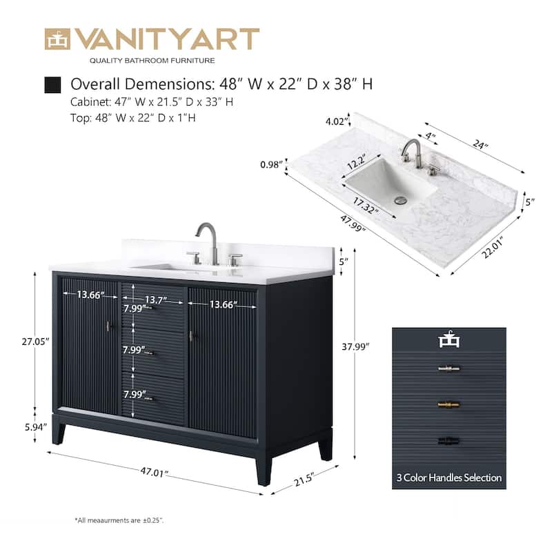 Vanity Art 48" Freestanding Bathroom Vanity with Engineered Marble Top and Sink