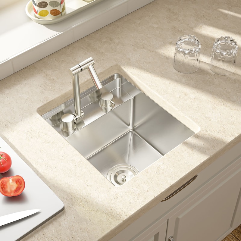 Lordear 17" Stainless Steel Sink Undermount Workstation Single Bowl Bar Sink or Kitchen Sink with Folding Faucet