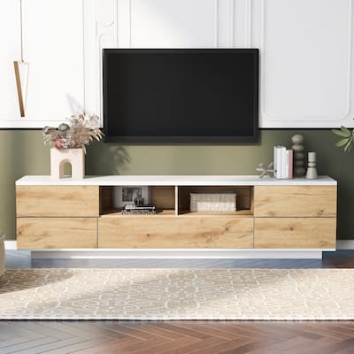 Modern Multimedia TV Stand with 5 Drawers and 2 Open Storage Shelf for Living Room and Home Theater​