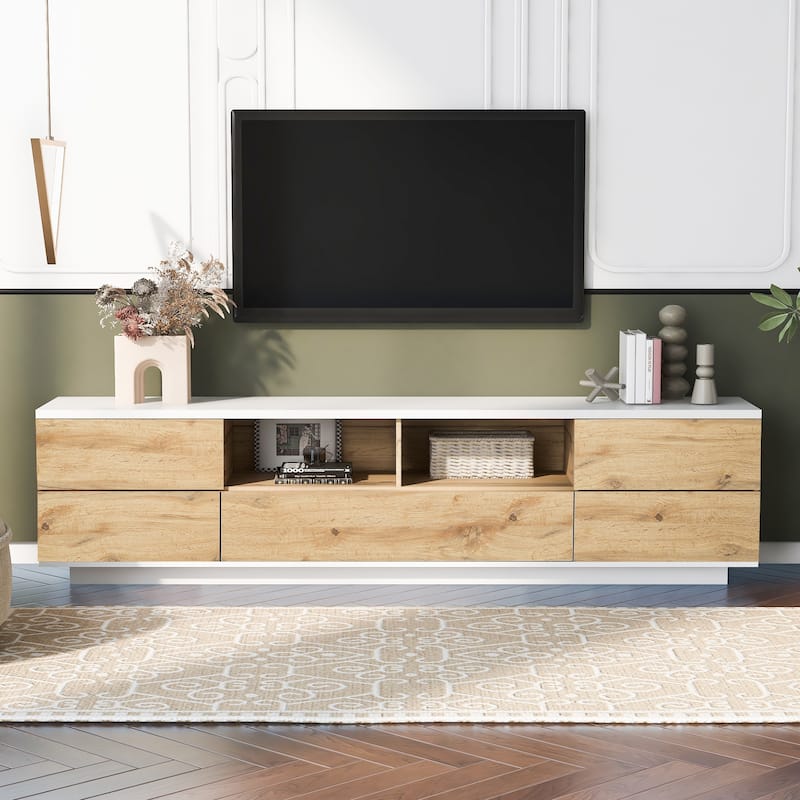 Rectangle TV Stand for TVs up to 80", Media Console with Storage, Entertainment Center with Door Rebound Device - White+Natural