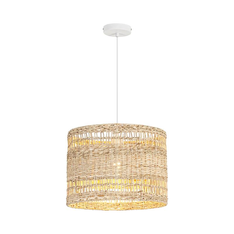 1-Light Boho Coastal Cylindrical Drum Woven Pendant Light with Matte White Finish and Herbaceous Rattan Shade