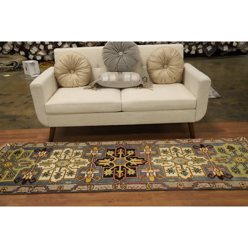 Hand Knotted Oriental 100% Wool Carpet Traditional Geometric Greys & Charcoal Kazak Runner Rug - 7' 10'' X 2' 6''
