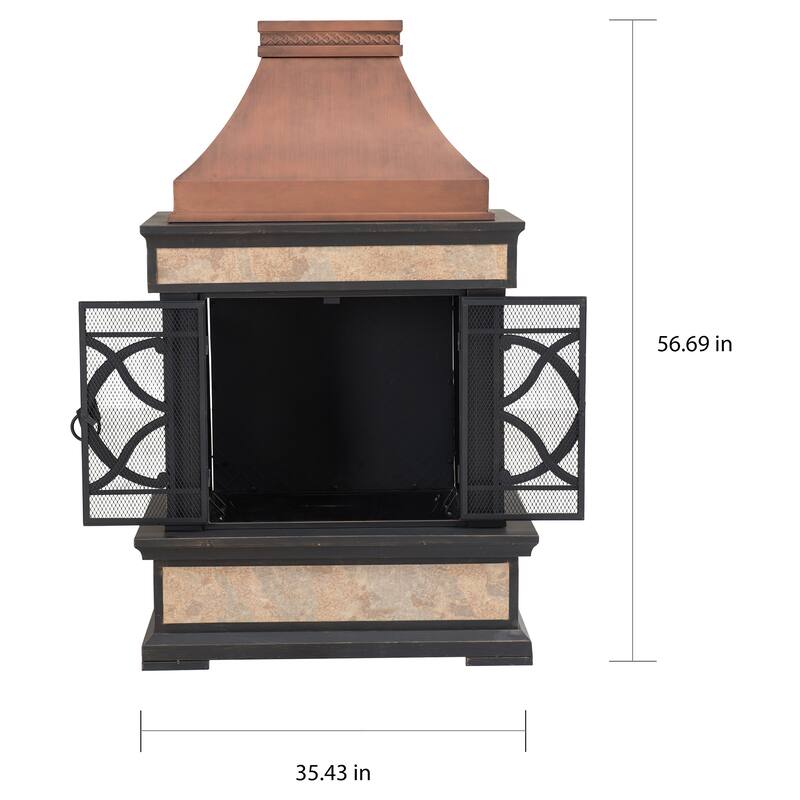 Sunjoy Smith Collection Outdoor Patio Wood Burning Steel Fireplace with Chimney, Spark Screen, Fire Poker, and Removable Grate