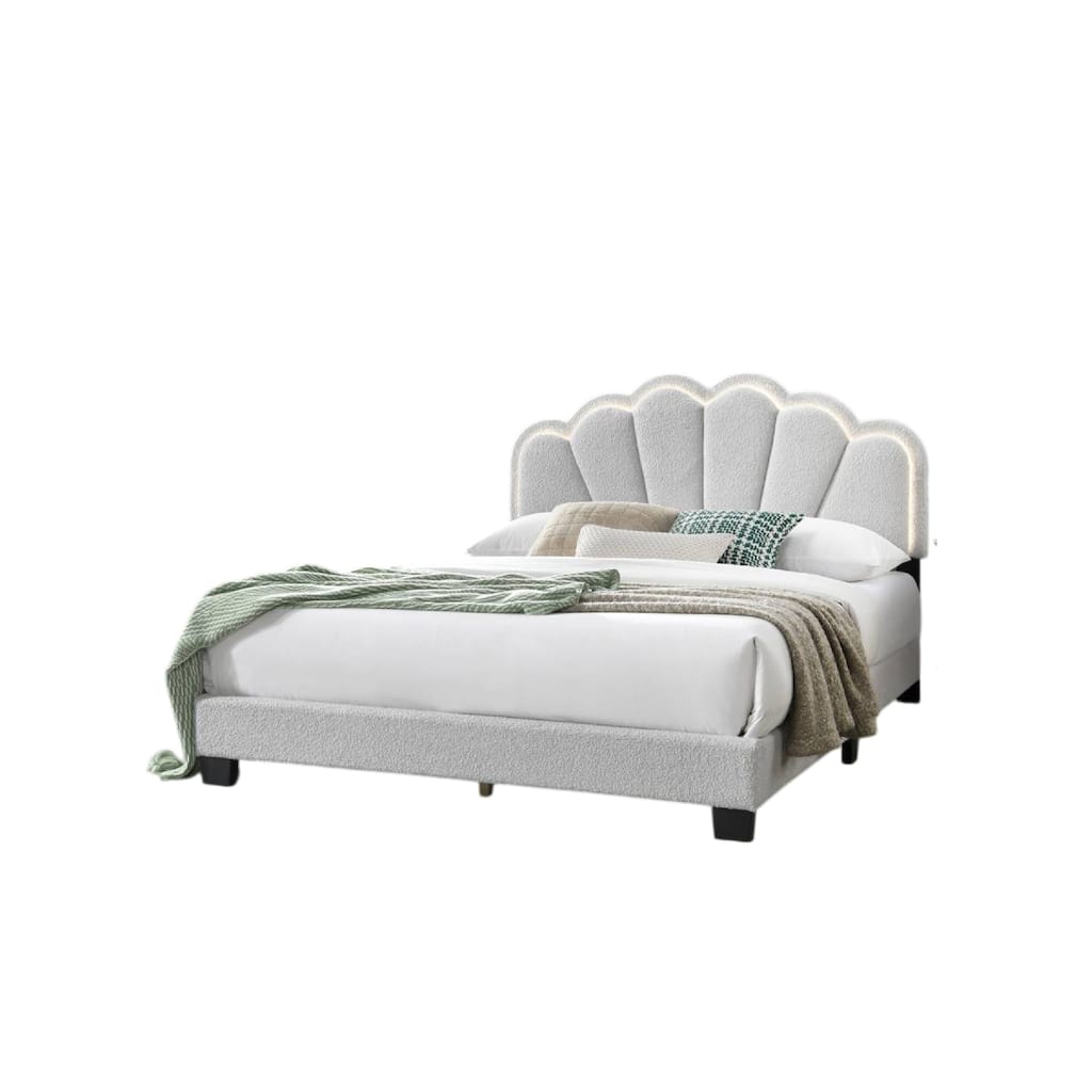 Geny Queen Size Bed, Classic White Wool Upholstery and LED, Glam Arch