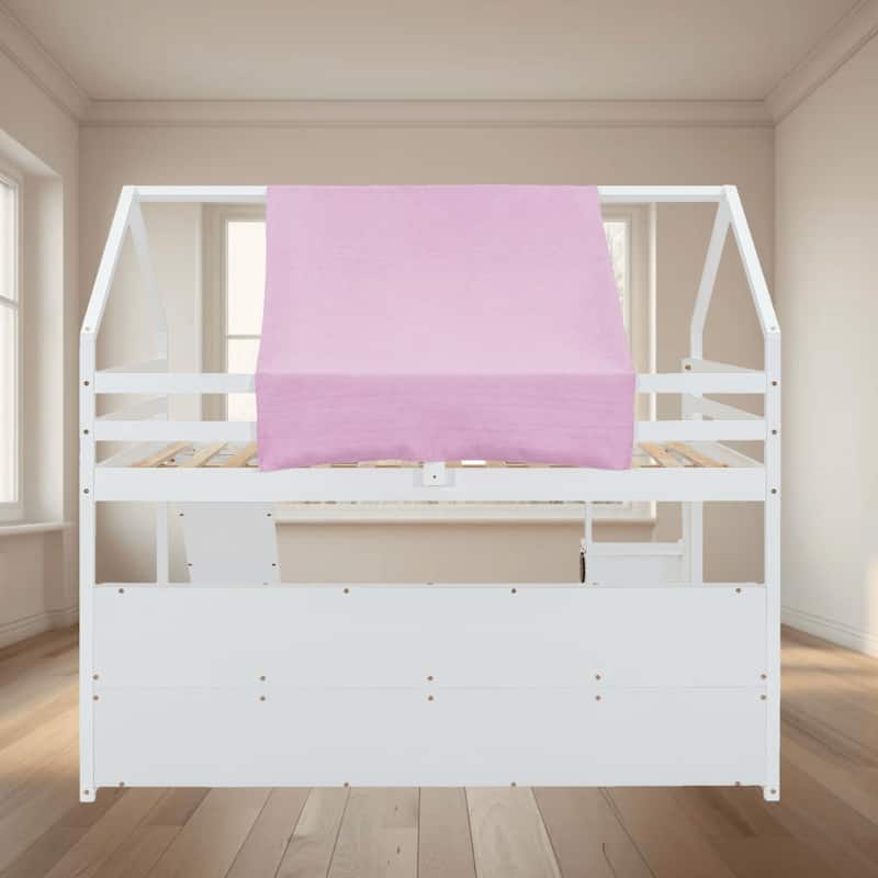 Full Size Wooden Loft House Shaped Platform Bed with House Frame, Tent, Slide and Storage Shelves for Kids, Bedroom Furniture - White - Full