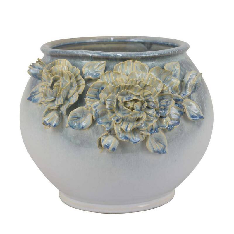 Rox Accent Planter, Floral Applique Design, 12 Inch White Ceramic