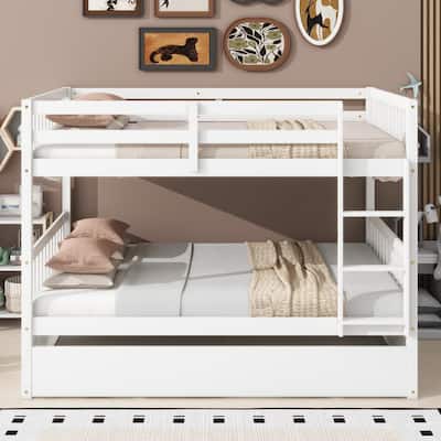 Full Over Full Rubber Wood Bunk Bed w/ Trundle, Ladder & Guardrails, Convertible to 2 Full Size Beds, White