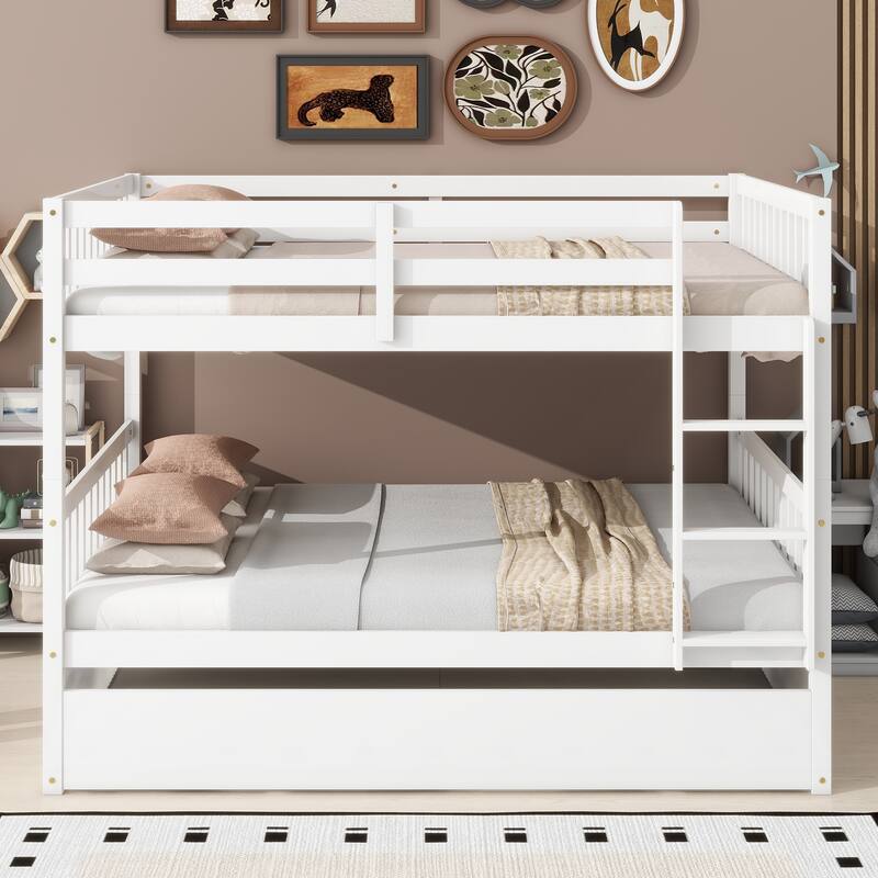 Rubber Wood Full Bunk Bed with Trundle Bed, Convertible Into 2 Separate Beds Frame, Twin over Twin Detachable Bunk Bed Frame