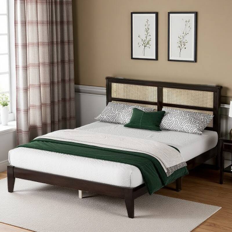 King Size Bed with Rattan Headboard, 2 Under-Bed Storage Drawers, Solid Rubber Wood Frame with Enhanced Support - Queen Espresso - Queen