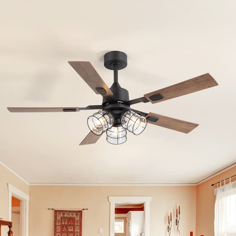 52" Industrial Reversible 5-Blade Glass Shade Ceiling Fan with Light and Remote