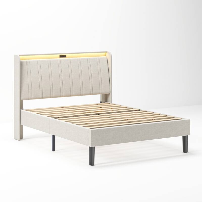 Platm Bed Frame with Upholstered Headboard and Wooden Slats Support