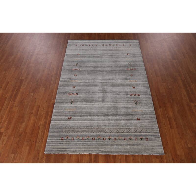 Hand Knotted Oriental 100% Wool Carpet Tribal Animal Pictorial Greys & Charcoal Gabbeh Area Rug - 8' 0'' X 5' 0''