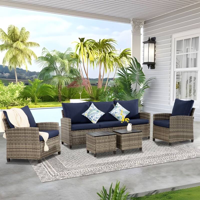 6pcs Wicker Patio Conversation Set Seating Loveseat Sofa with Ottomans