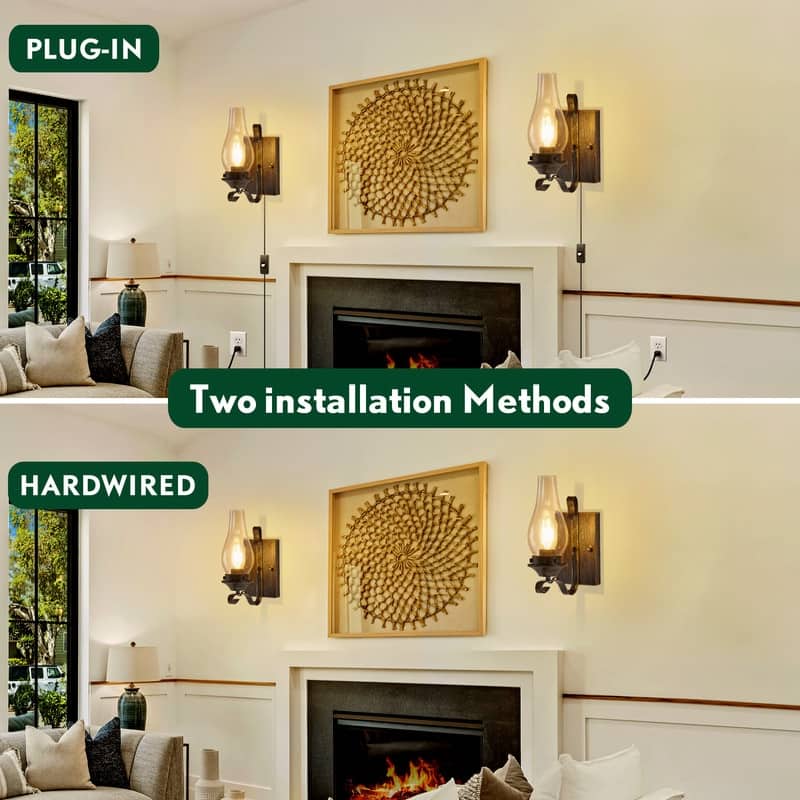 Vintage Plug-in Wall Sconces Set of 2 Rustic Farmhouse Lights for Bedroom, Living Room, or Hallway (No Bulbs) - N/A
