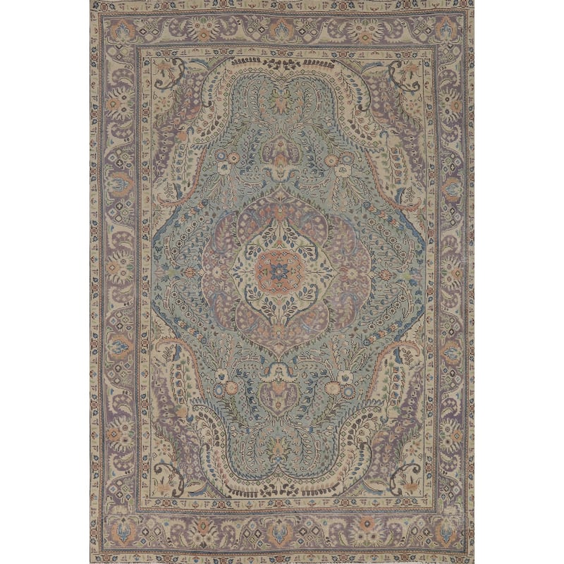 Flora Blue Tabriz Persian Area Rug Traditional Handmade Wool Carpet - 6'6"x 9'5"