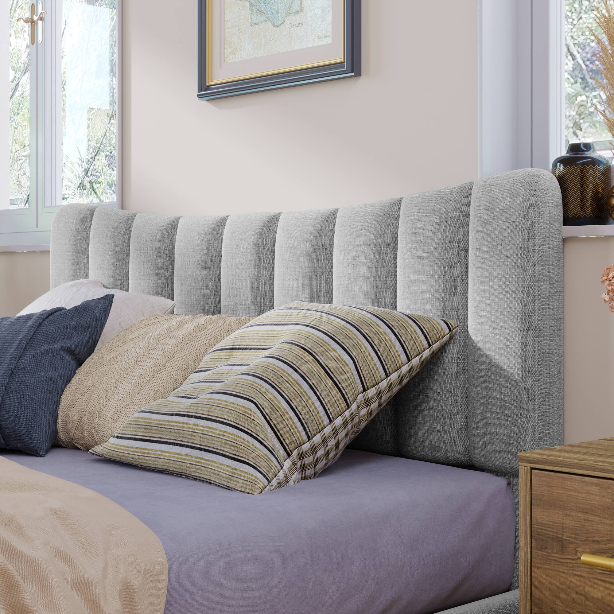 Linen Queen Platform Bed, Upholstered Bed Frame with Vertical Channel