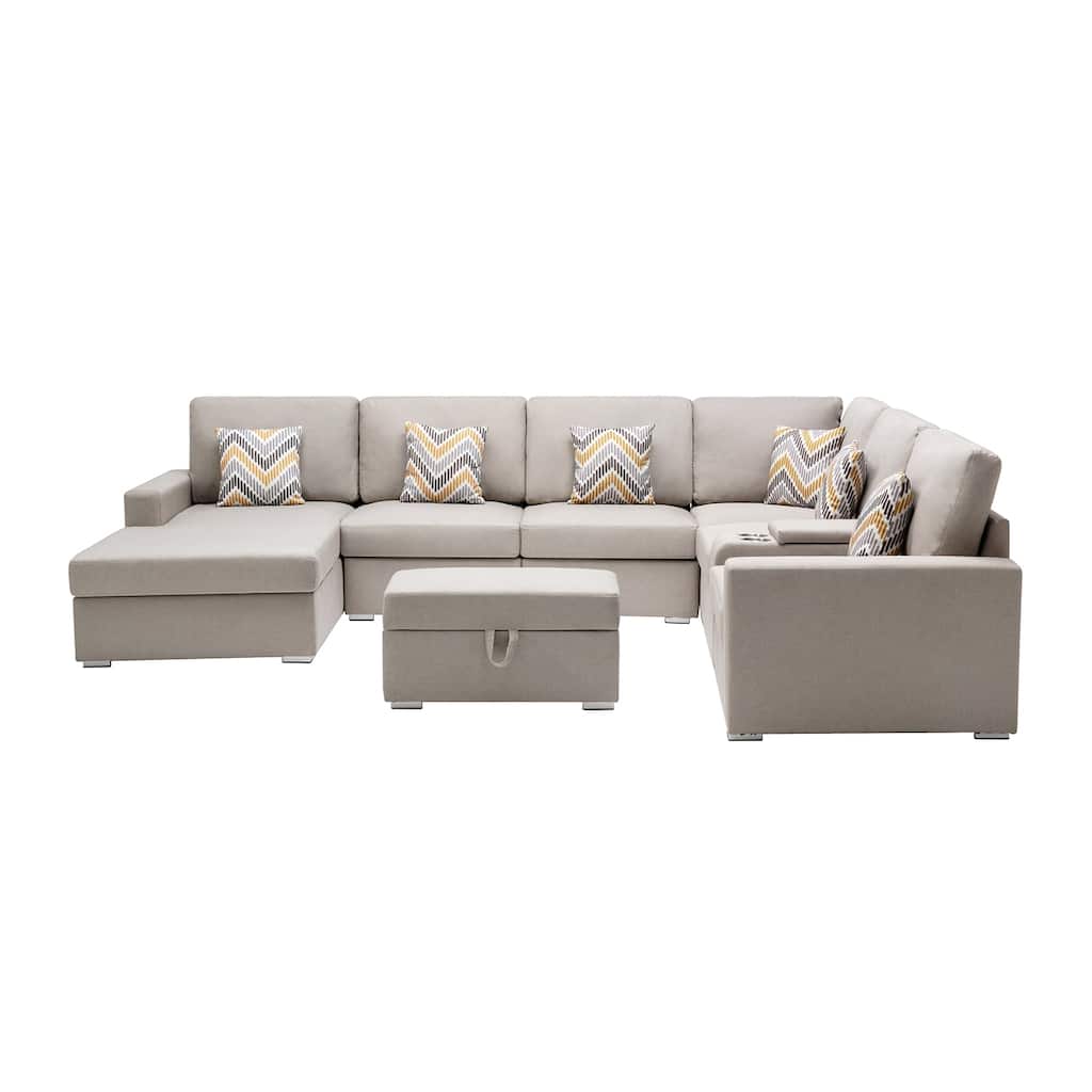 Linen Fabric 8 Piece U-Shaped Reversible Chaise Sectional Sofa with Interchangeable Legs and 6 Pillows