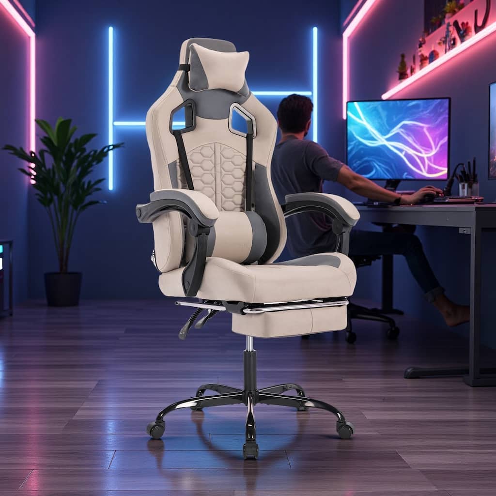 PVC Leather Gaming Chair with Massage Lumbar Support, Footrest and 300lb Capacity