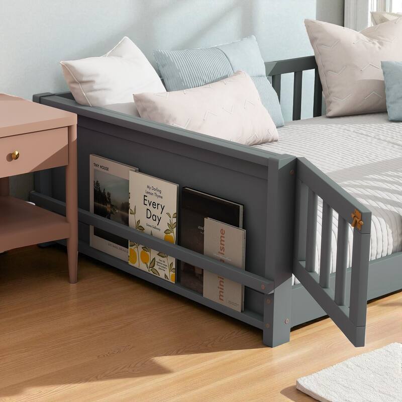 Twin Size Floor Platform Bed with Guardrails, Revolving Door and Built-in Book Rack